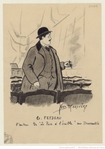 Georges Feydeau, auteur de "La puce à l'oreille" aux Nouveautés : dessin de Yves Marevéry (1907)
