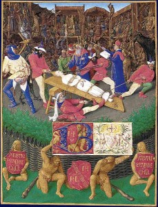  Jean Fouquet, les Heures d'Étienne Chevalier, Représentation du Mystère de sainte Apolline.