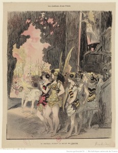 Les coulisses d'une Féerie. Au Châtelet, pendant le ballet des insectes. Estampe de Robida 1885. Source : BnF/ Gallica 