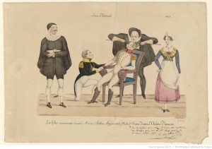 Comédie (Microc, Salam, hippocrata) Acte 3ème Scène dernière Théâtre Français : Scènes théâtrales 1825 : [estampe] / Félix [sig.] 